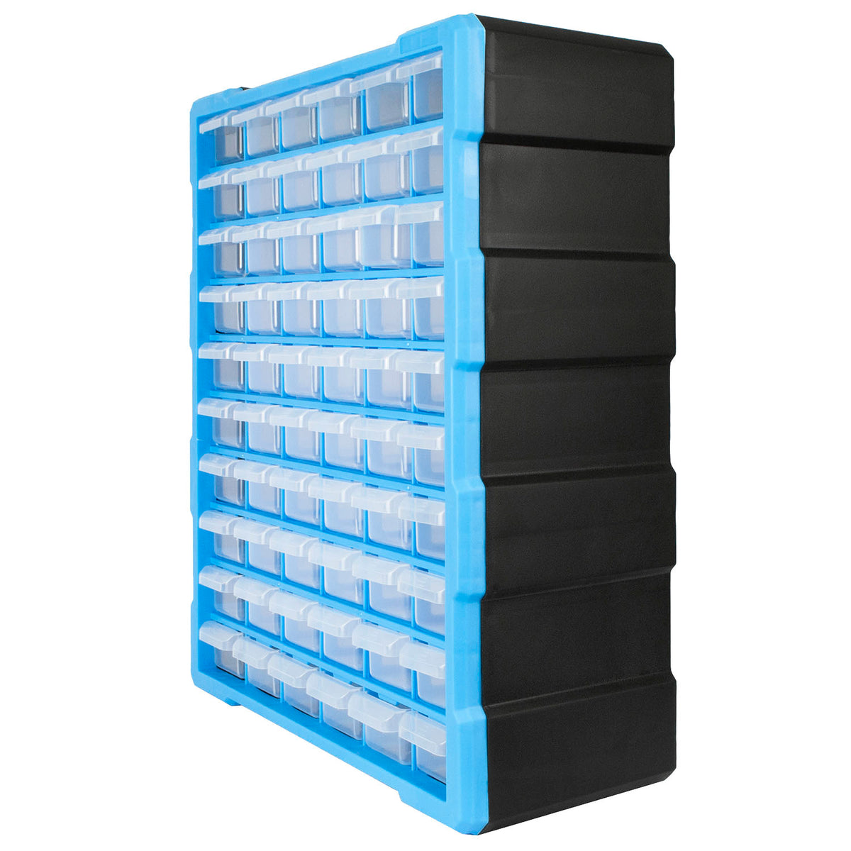 A vertical wall-mounted organizer with a black side panel and a bright blue frame holding multiple small clear plastic drawers, shown on a plain white background.
