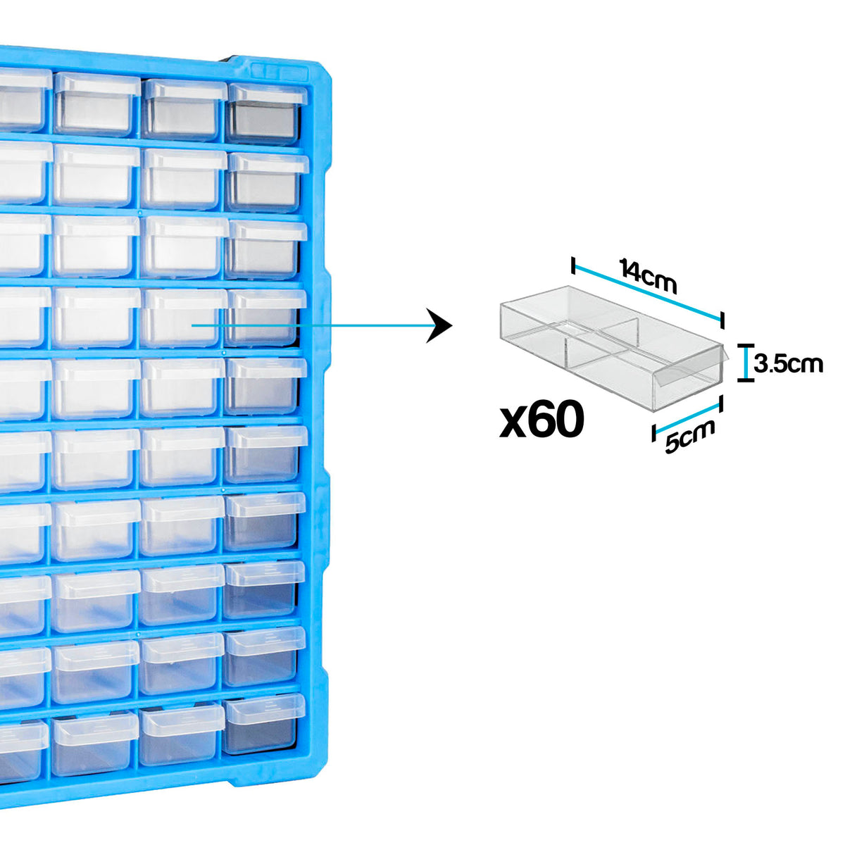 Blue plastic organizer tray with many small clear storage drawers, shown next to a dimension diagram of a single drawer labeled 14cm by 5cm by 3.5cm and marked x60.