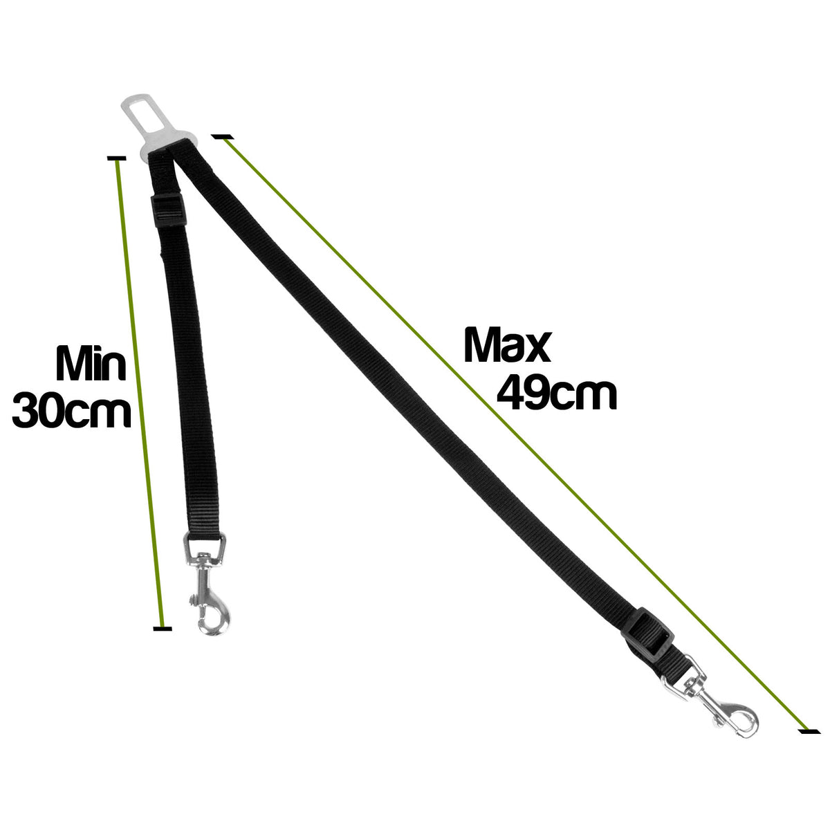 A black pet seat belt strap with silver metal clips, shown on a white background with green measurement lines and text indicating a minimum length of 30cm and maximum length of 49cm.