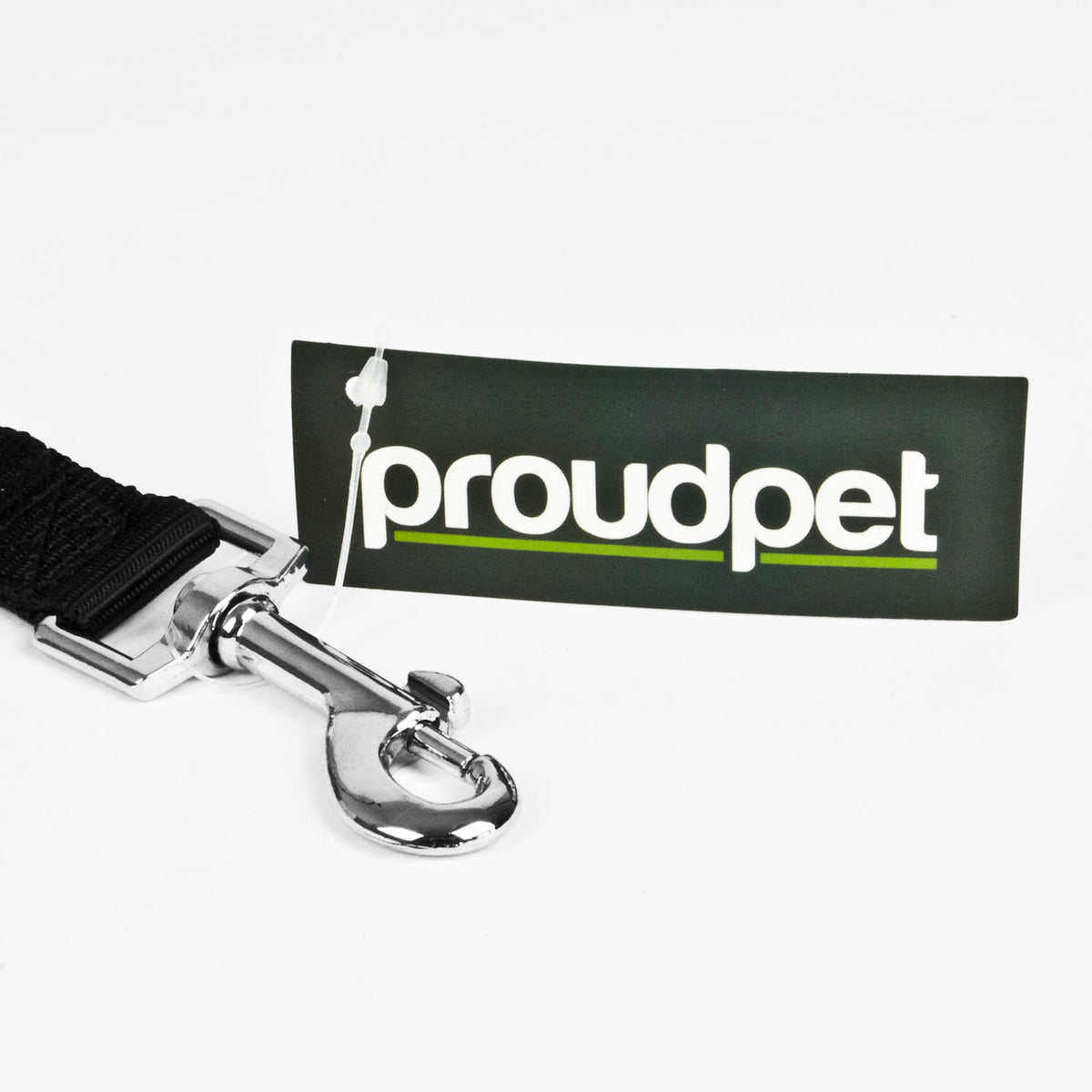 A close-up of a black dog leash with a silver metal clasp and a black leather tag featuring the white 'proudpet' logo and a lime green underline, set against a plain white background.