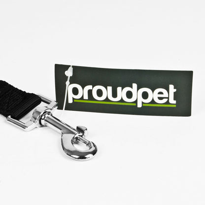 A close-up of a black dog leash with a silver metal clasp and a black leather tag featuring the white 'proudpet' logo and a lime green underline, set against a plain white background.