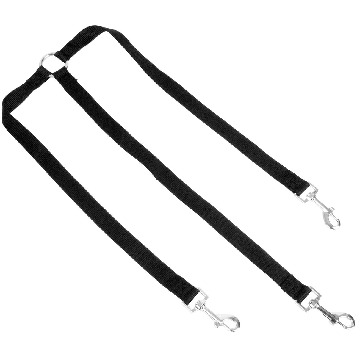 Black dog lead plitter with silver metal snap hooks, displayed on a clean white background.