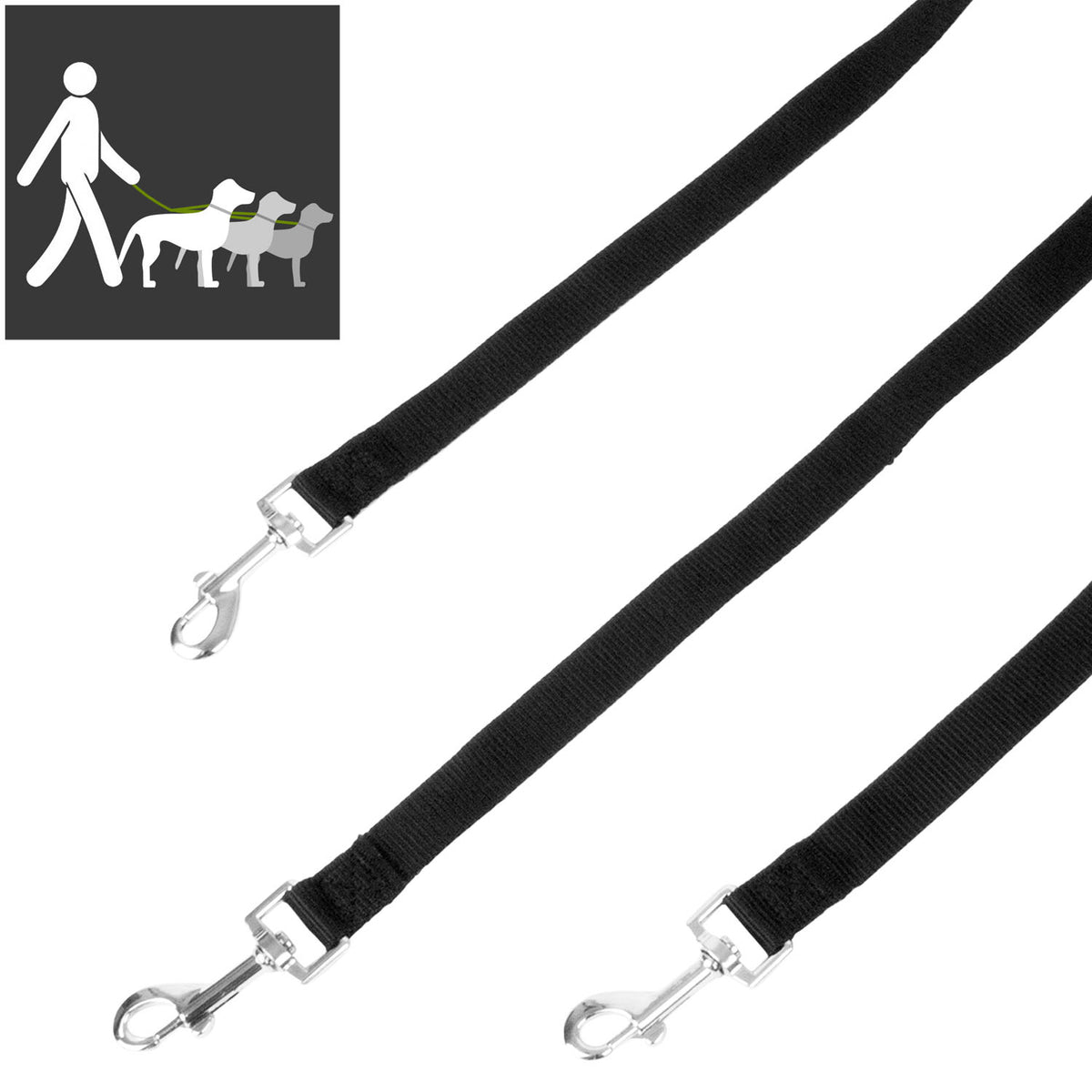 Three black nylon dog leashes with silver metal swivel clamps, shown on a white background with a small instructional graphic in the top-left corner.