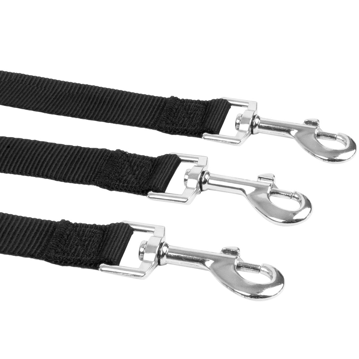 Three black nylon dog leashes with silver metal swivel snap hooks, arranged diagonally on a plain white background.
