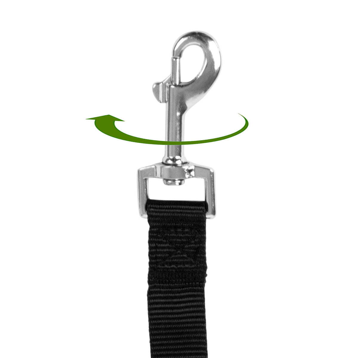 A close-up of a black webbed strap with a silver metal swivel snap hook and D-ring, shown on a white background with a green curved arrow graphic indicating rotation.