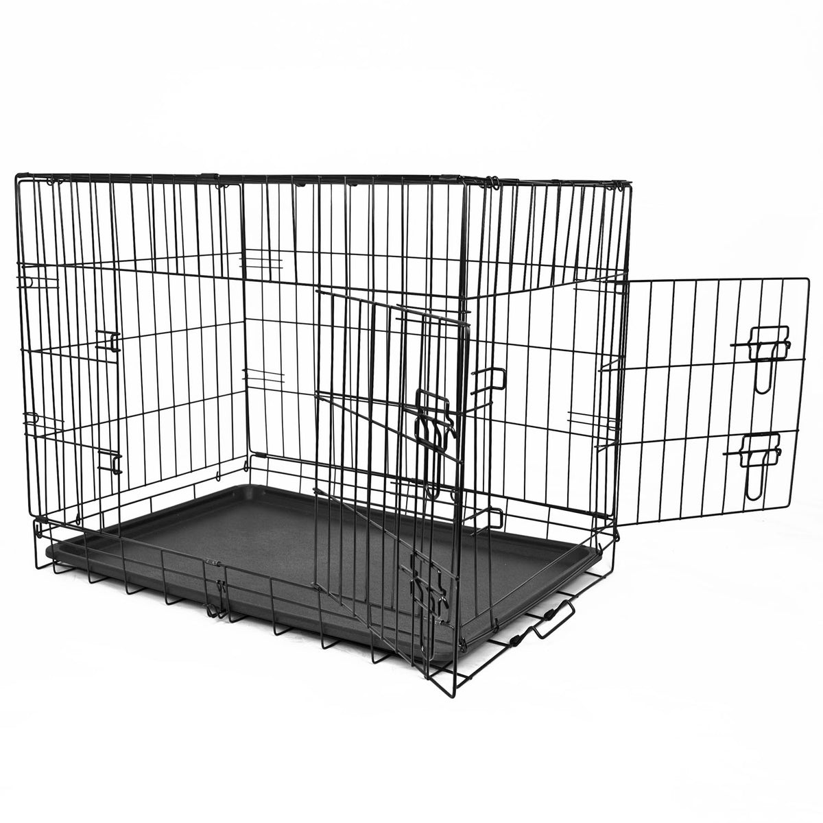 A metal dog cage with 2 open doors