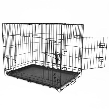 A metal dog cage with 2 open doors