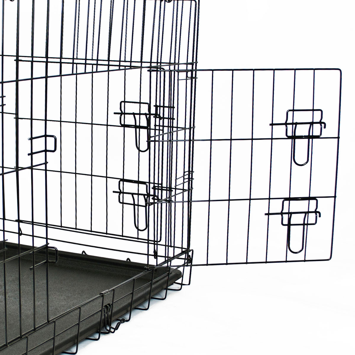 Black metal wire pet crate with a hinged door and latch mechanism, shown on a white background.