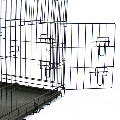 Black metal wire pet crate with a hinged door and latch mechanism, shown on a white background.
