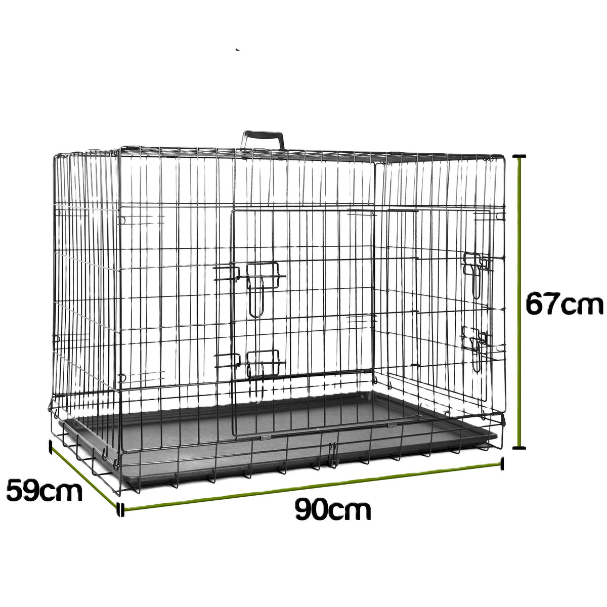 A black metal wire pet cage with a plastic tray, shown with dimension labels indicating 90 cm width, 67 cm height, and 59 cm depth on a white background.