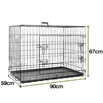 A black metal wire pet cage with a plastic tray, shown with dimension labels indicating 90 cm width, 67 cm height, and 59 cm depth on a white background.