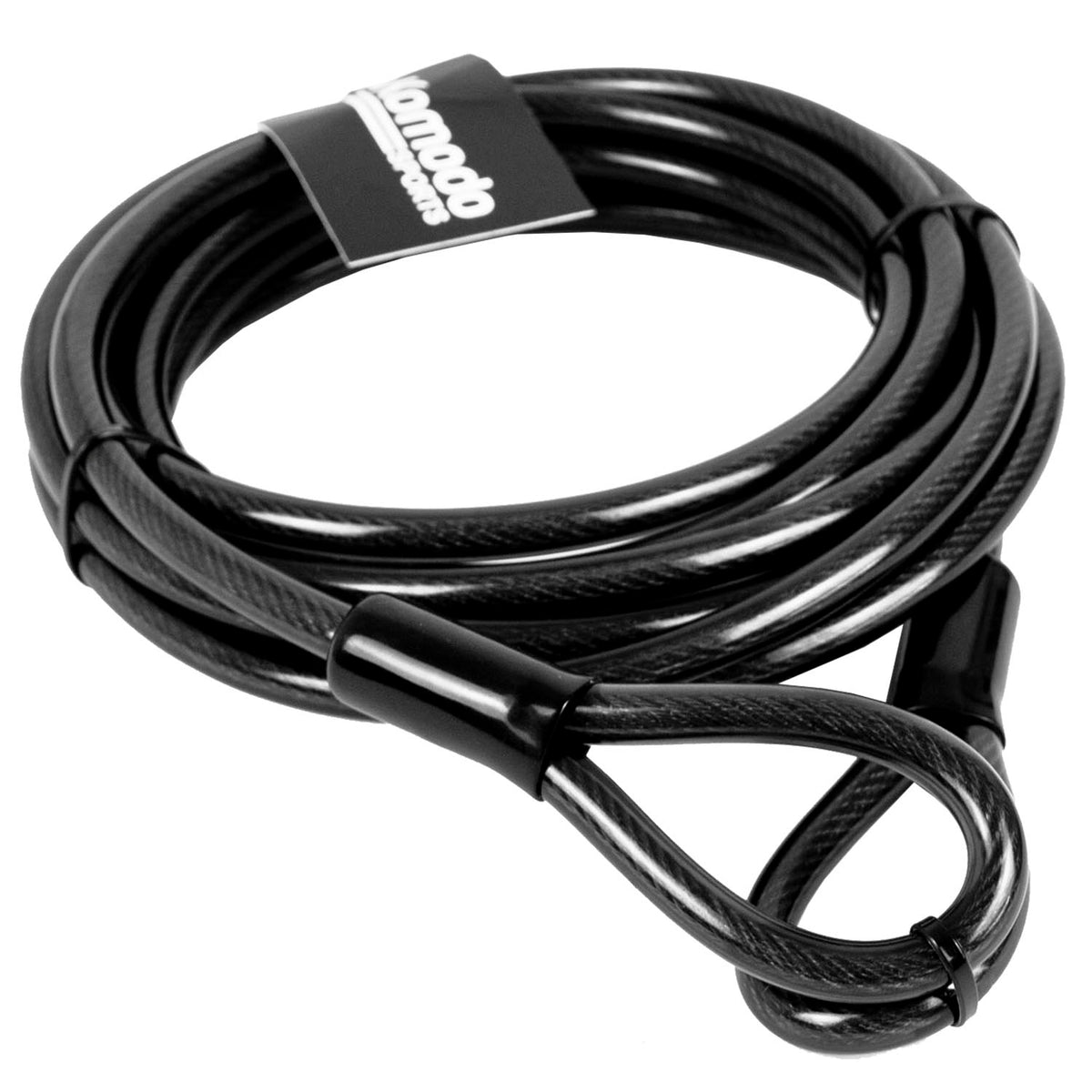 A coiled up black locking cable with Komodo Sports label