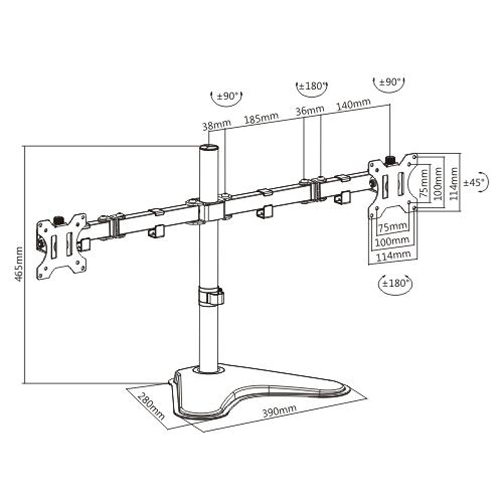 Technical line drawing of a multi-monitor display stand with labeled dimensions, angles, and mounting points on a white background.