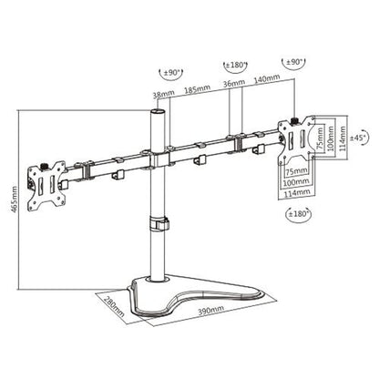 Technical line drawing of a multi-monitor display stand with labeled dimensions, angles, and mounting points on a white background.