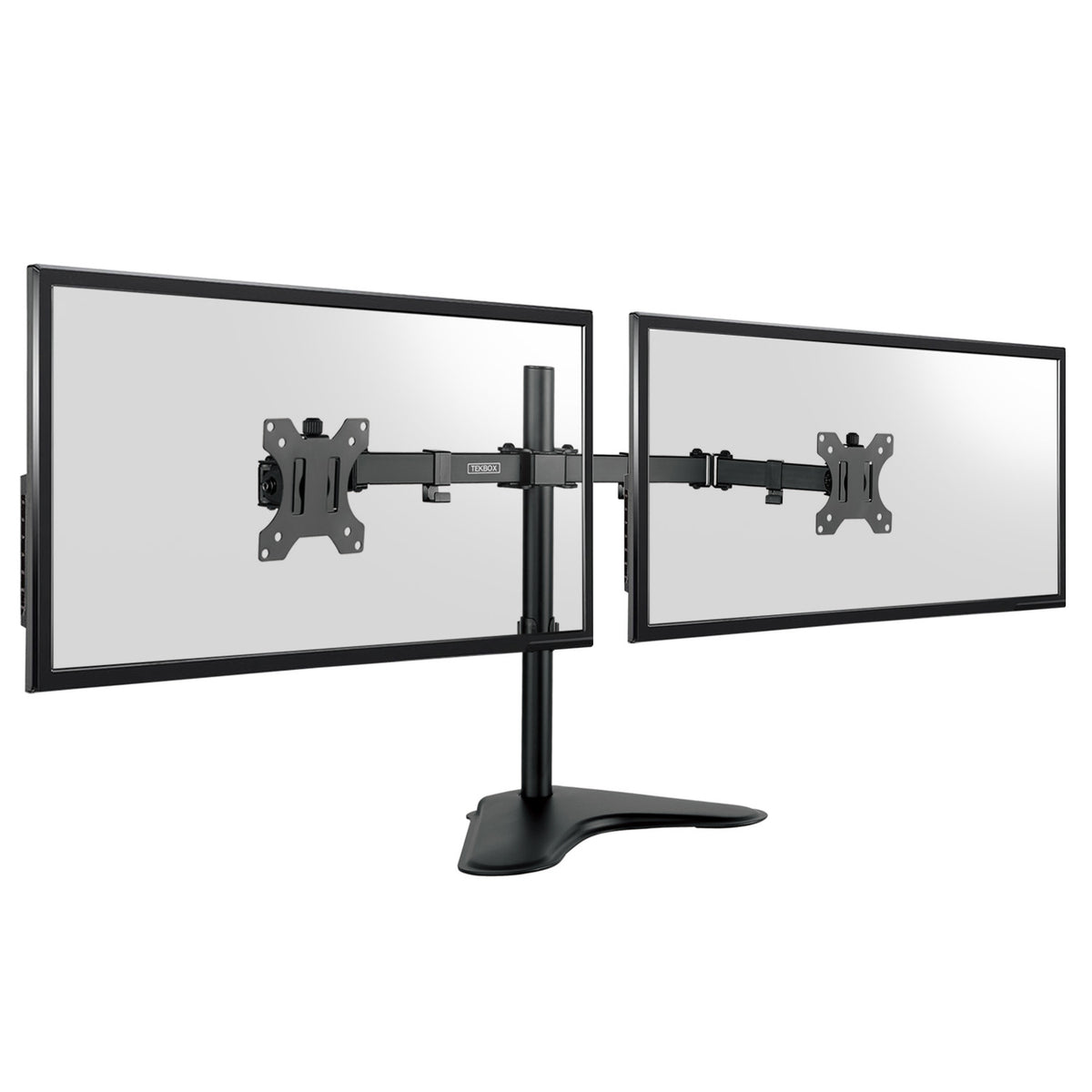 A dual monitor arm stand with two adjustable flat-screen displays on a black T-shaped base, shown against a plain white background.