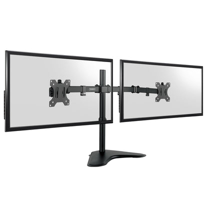 A dual monitor arm stand with two adjustable flat-screen displays on a black T-shaped base, shown against a plain white background.