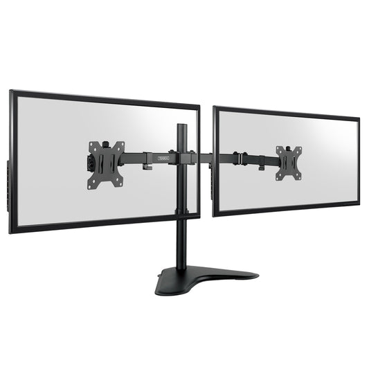 A dual monitor arm stand with two adjustable flat-screen displays on a black T-shaped base, shown against a plain white background.