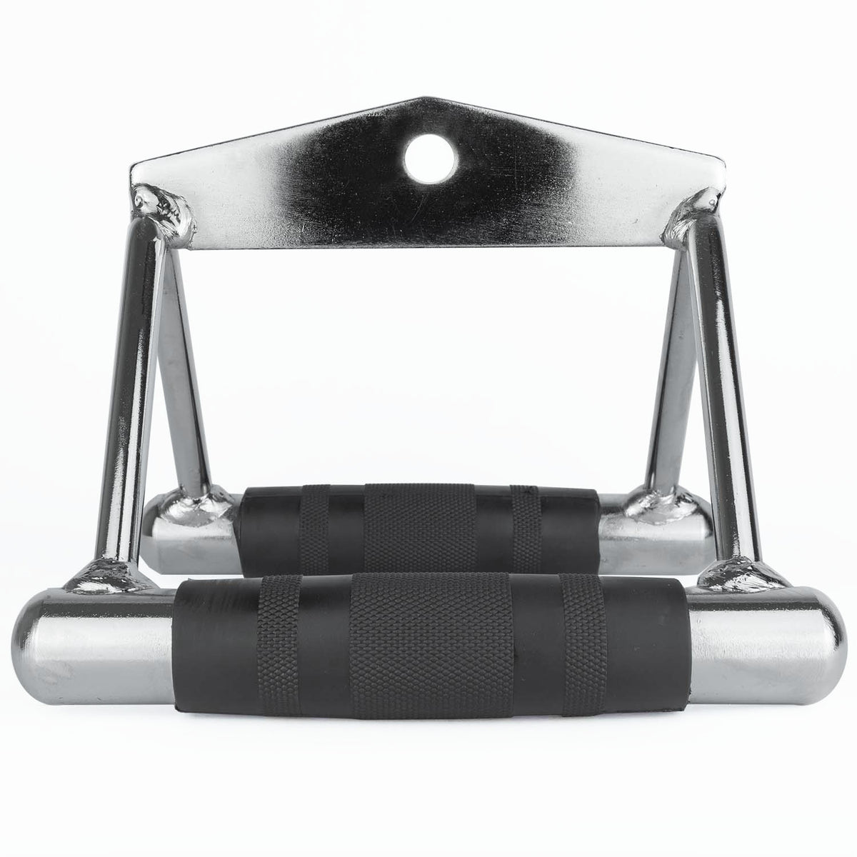 A chrome steel gym attachment handle with black textured grips on a white background.