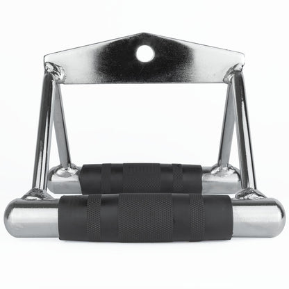 A chrome steel gym attachment handle with black textured grips on a white background.