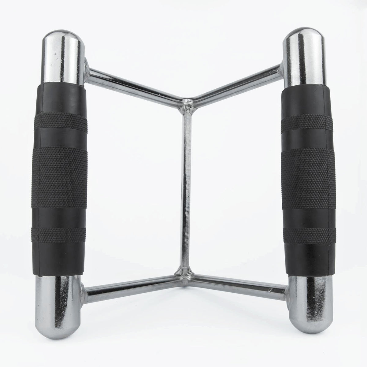 A chrome steel pull bar with black textured grip handles, shown from a front-facing perspective on a white background.