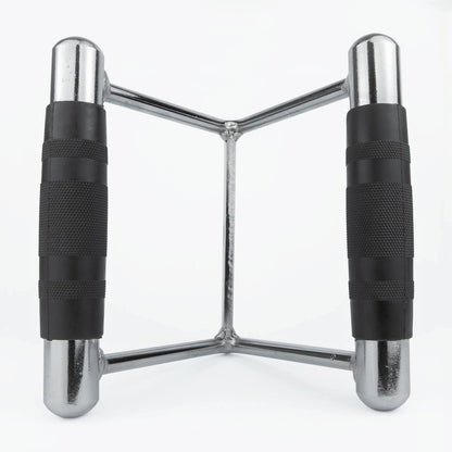 A chrome steel pull bar with black textured grip handles, shown from a front-facing perspective on a white background.