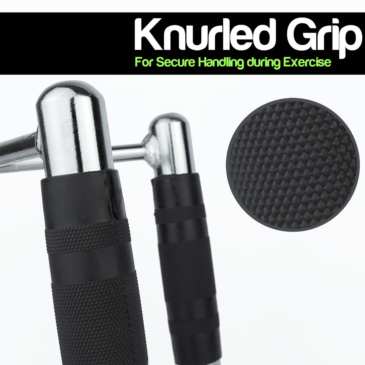 Black knurled grip gym cable machine attachment shown on a metal handlebar with a circular inset detail of the textured grip pattern, under a black banner with the text 'Knurled Grip For Secure Handling during Exercise'.