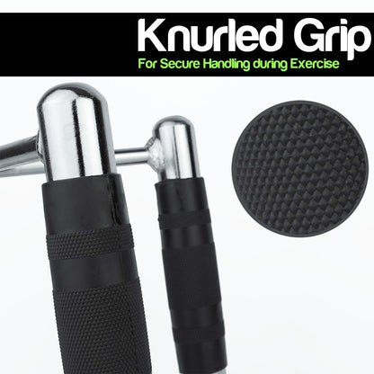 Black knurled grip gym cable machine attachment shown on a metal handlebar with a circular inset detail of the textured grip pattern, under a black banner with the text 'Knurled Grip For Secure Handling during Exercise'.
