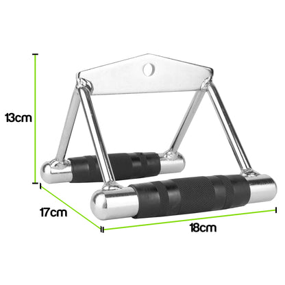 A chrome steel gym machine bars with black rubber grips, shown with green dimension lines and text indicating measurements of 13cm height, 17cm width, 18cm length, and 17cm diagonal on a white background.