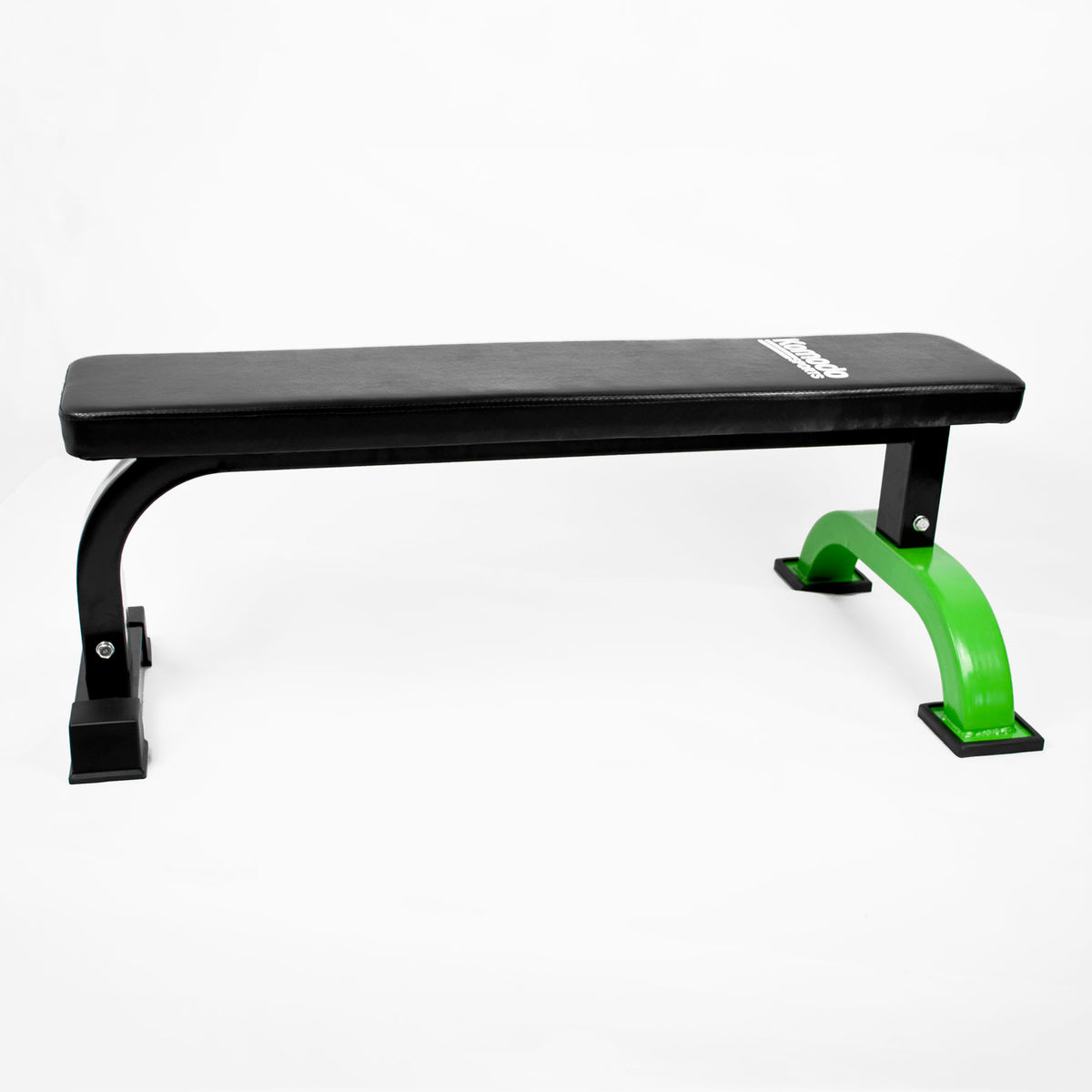 A black weight bench with a black padded seat and backrest, supported by a bright green curved metal frame with black feet, shown on a white studio background.