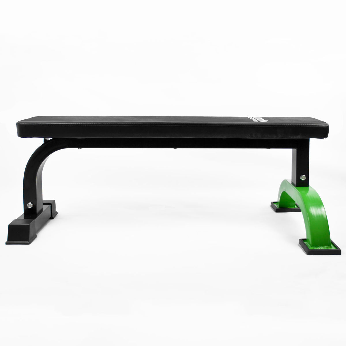 A weight bench with a black padded rectangular seat and backrest, supported by a black curved frame with one bright green leg and a black weight plate base.