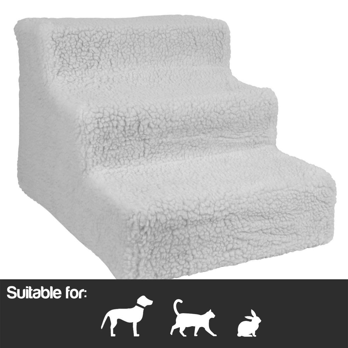 A three-step pet ramp with a textured, sherpa-like white fleece cover, shown on a white background with a black banner at the bottom indicating suitability for dogs, cats, and rabbits.