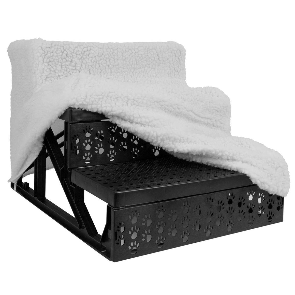 A three-step black plastic pet staircase with paw-print cutouts, covered with a white sherpa fleece blanket, shown on a plain white background.
