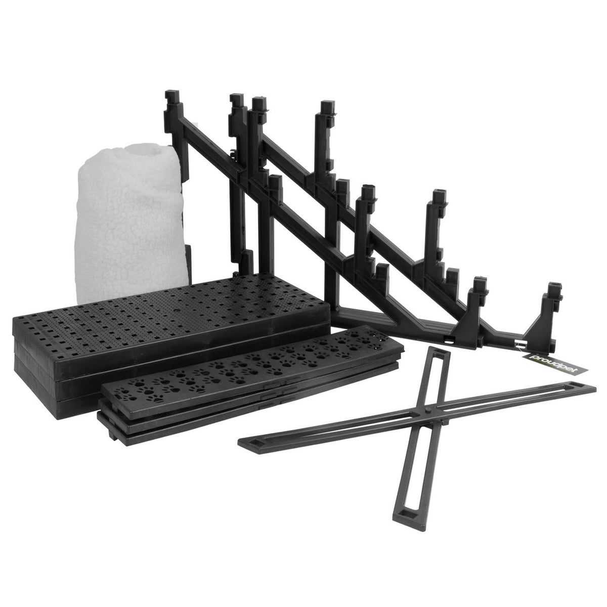 Black plastic pet step assembly with multiple angled support arms, two stacked perforated black steps, a grey fabric cover, and a long cross-shaped support piece on a white background.