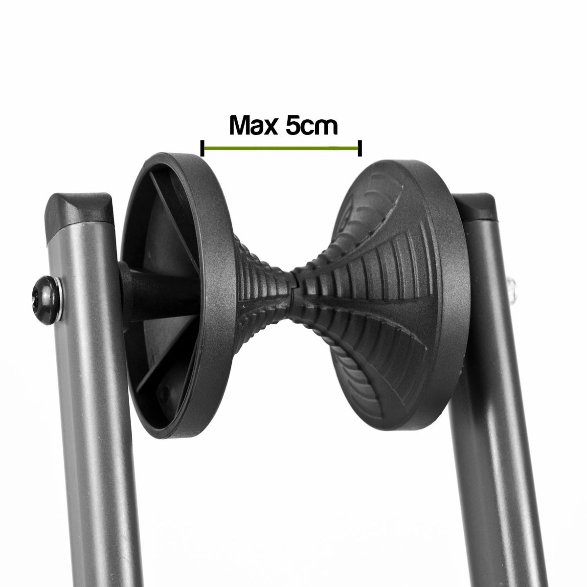 Close-up of a black adjustable support stand with a dimension label reading 'Max 5cm' above a flexible ribbed connector, on a white background.