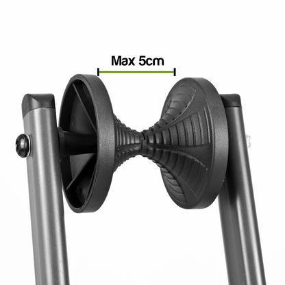 Close-up of a black adjustable support stand with a dimension label reading 'Max 5cm' above a flexible ribbed connector, on a white background.