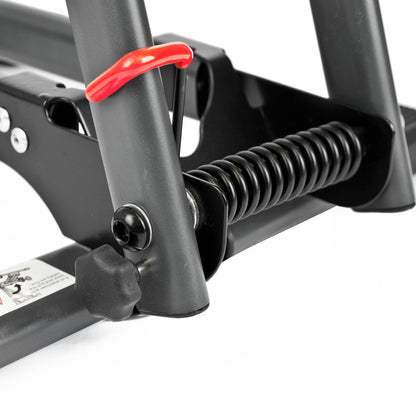 Close-up of a black metal bicycle frame component with a black coil spring, black bolts, and a small red lever on a white background.