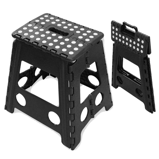 A black foldable plastic step stool shown open on the left and folded on the right, photographed on a clean white background.