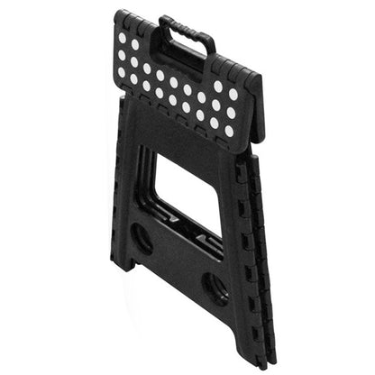 A black foldable plastic step stool with a handle on the top panel and a large cutout in the lower section, shown on a plain white background.