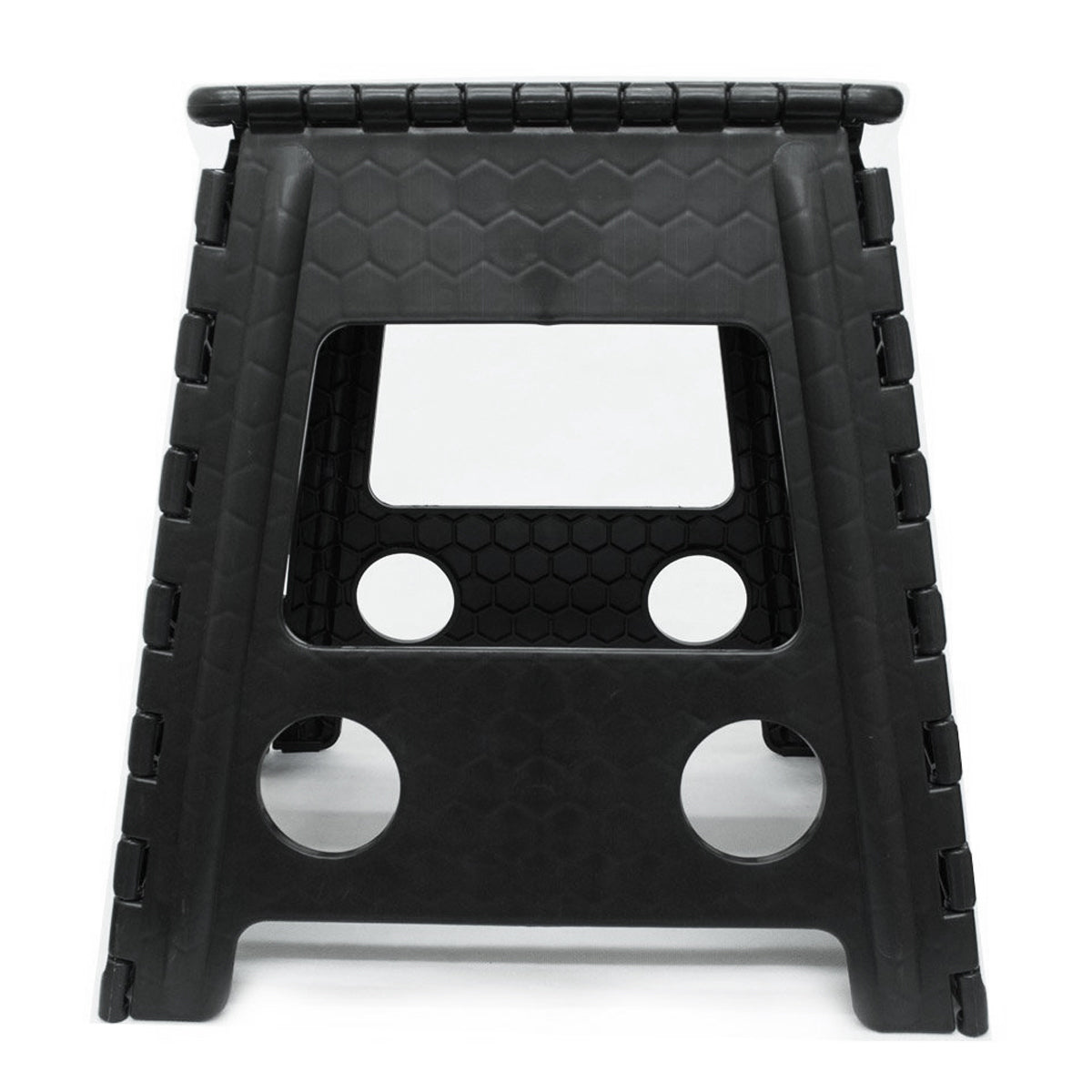 A black foldable plastic step stool with a textured honeycomb pattern on the top surface and side panels, featuring circular cutouts on the lower legs, shown on a white background.