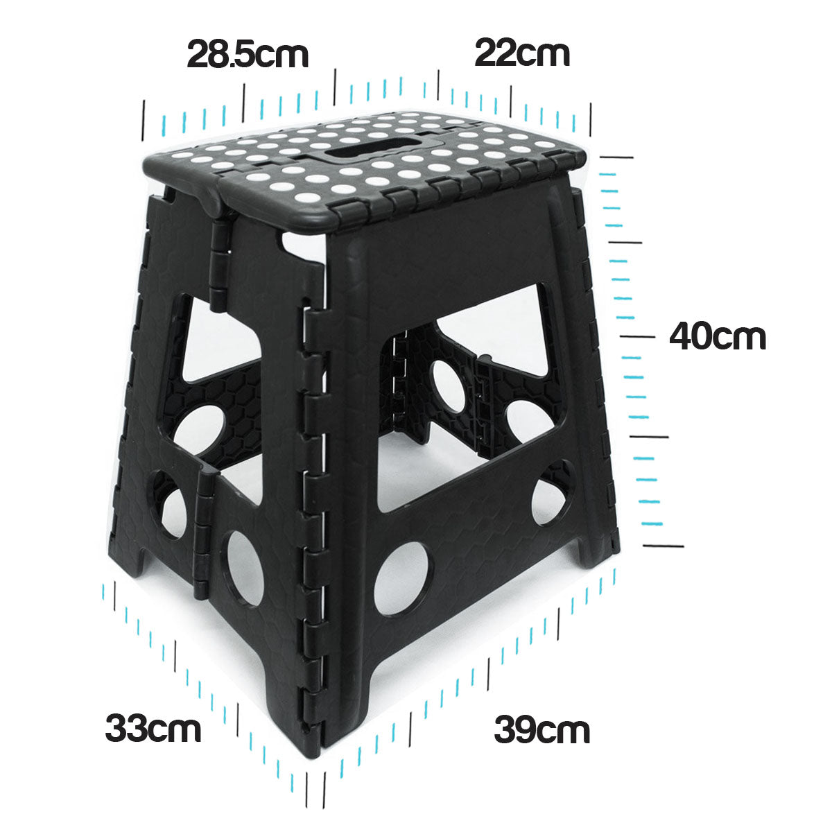 Black plastic folding step stool with overlaid dimension labels showing 28.5cm, 22cm, 40cm, 33cm, and 39cm on a white background.