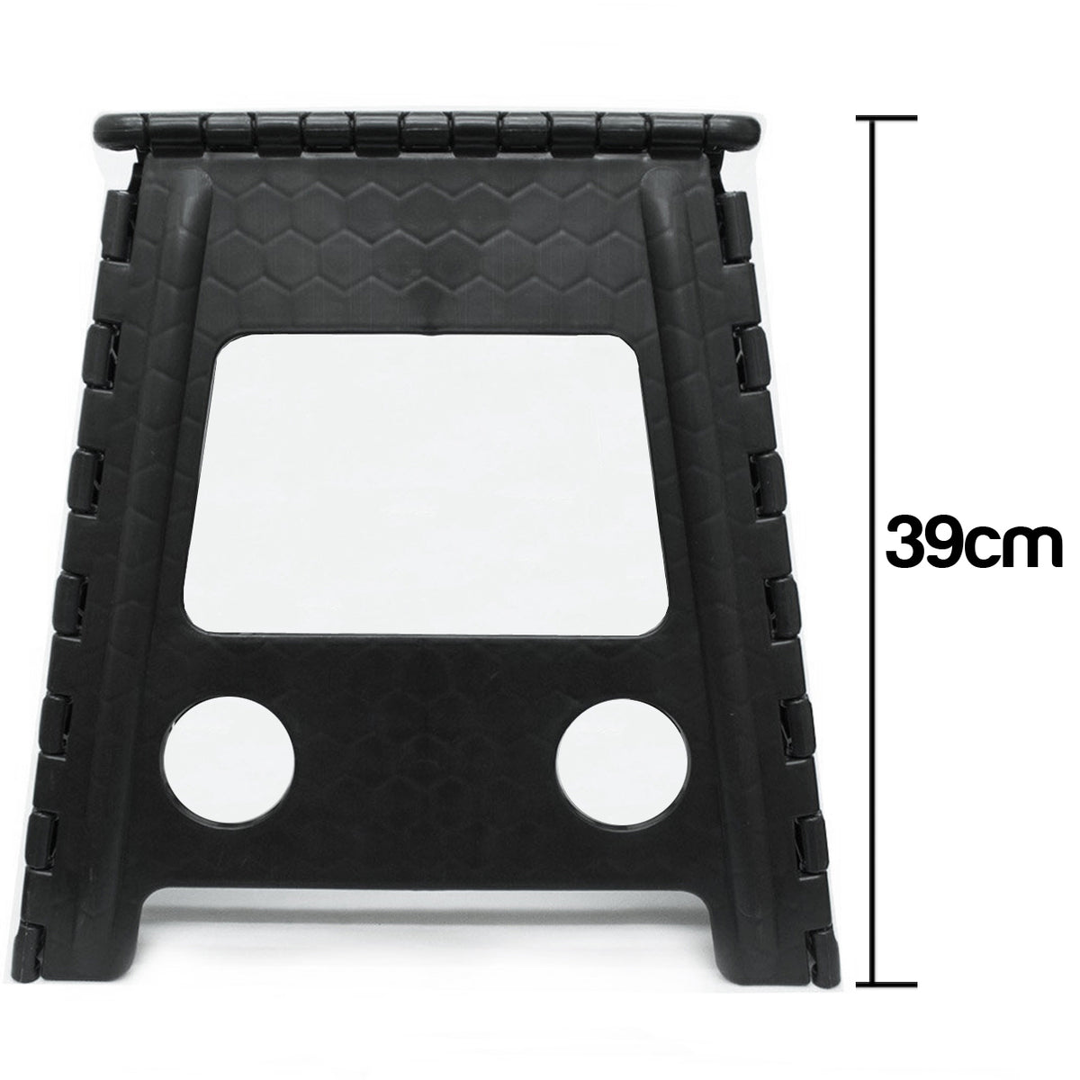 Black plastic folding step stool with a 39cm height measurement indicator on a white background.