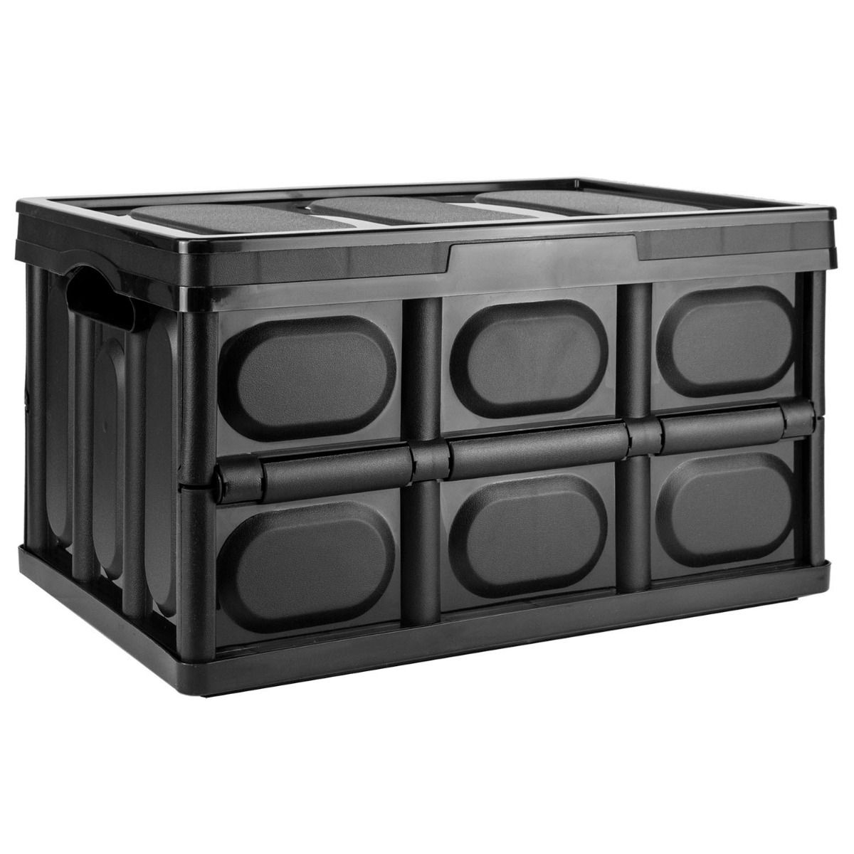 A black plastic folding storage box with a lid, featuring a grid pattern of oval-shaped recesses on the front panels and side handles, shown on a plain white background.