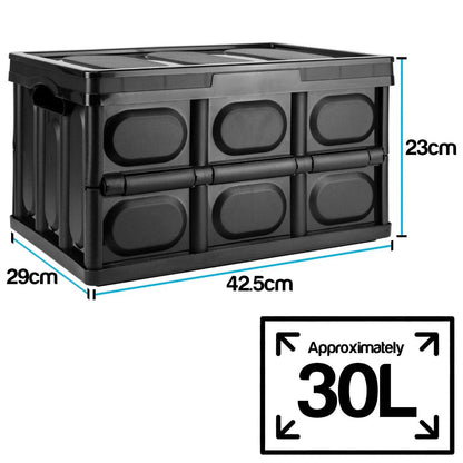 Black plastic folding storage box shown on a white background with dimension labels indicating 42.5 cm length, 29 cm width, and 23 cm height, plus a 30L capacity graphic.