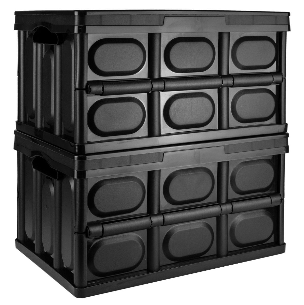Two Black Stackable Folding Storage Box with Lid stacked on each other. On a plain white background.