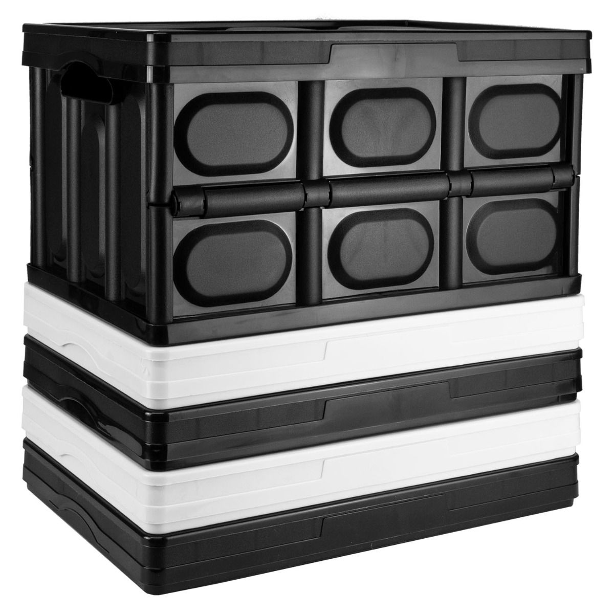 Five black and white stackable plastic storage bins shown on a plain white background.