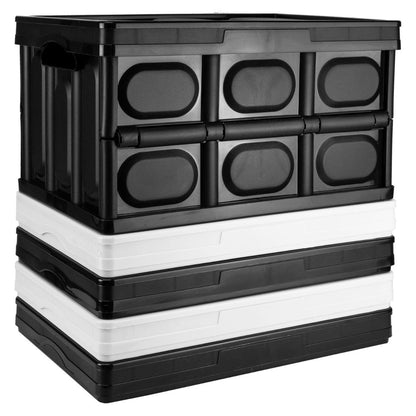 Five black and white stackable plastic storage bins shown on a plain white background.