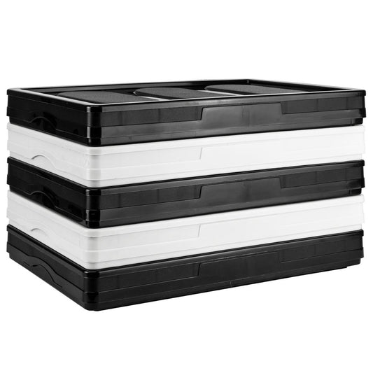 Five stacked rectangular plastic storage containers with black and white, shown on a plain white background.