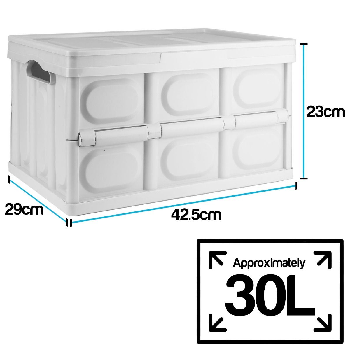 White plastic folding storage box with dimensions labeled 42.5cm x 29cm x 23cm and a 30L capacity graphic on a white background.