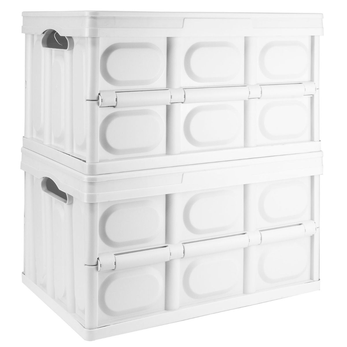 Two white plastic stacking storage bins with embossed panel details and side handles, shown on a plain white background.