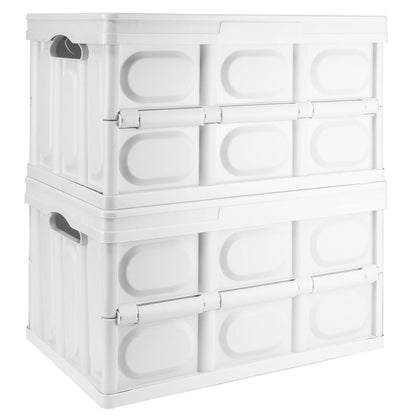 Two white plastic stacking storage bins with embossed panel details and side handles, shown on a plain white background.